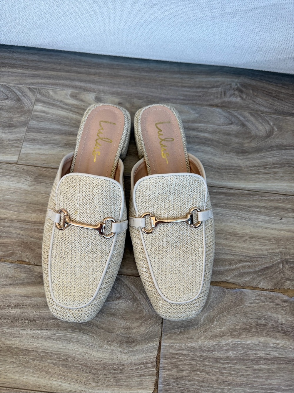 Lulu's Men's Cream Woven Slip-On Mules with Gold Hardware